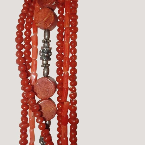 Red Coral Multi Strand Necklace 16 Inch Mexican 925 Sterling Silver Intricate - Picture 4 of 11